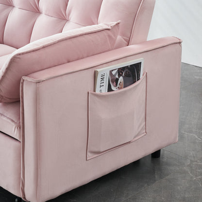 Canapé-lit convertible en velours rose avec dossier et oreillers