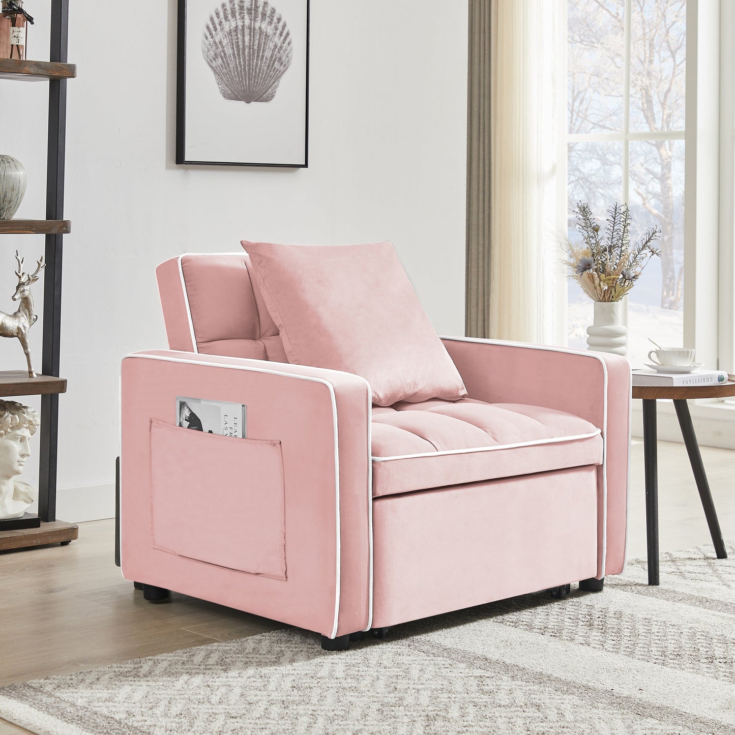 Canapé-lit simple en velours rose avec dossier réglable