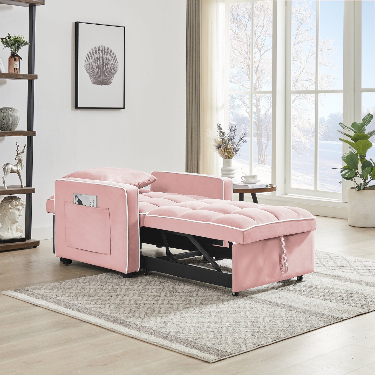 Canapé-lit simple en velours rose avec dossier réglable
