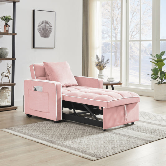 Canapé-lit simple en velours rose avec dossier réglable