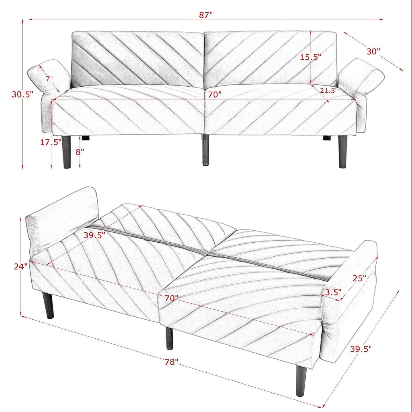 Canapé-lit futon convertible capitonné en velours rose