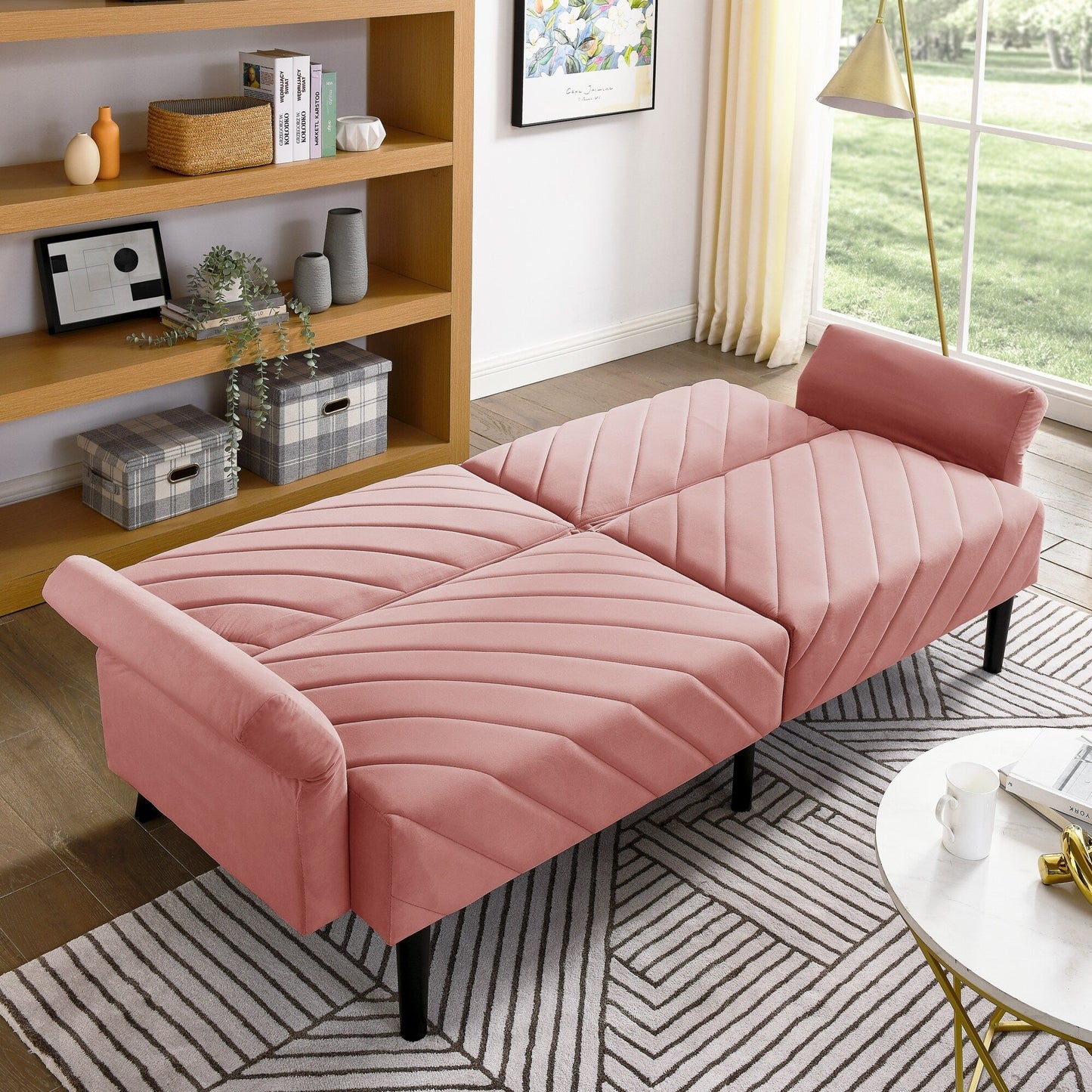 Canapé-lit futon convertible capitonné en velours rose