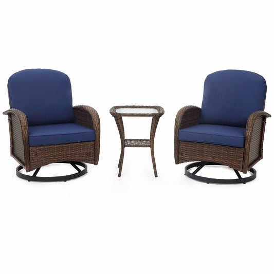 Ensemble de meubles de patio 3 pièces, ensemble bistrot pivotant d'extérieur avec chaises à bascule en osier et table basse en verre
