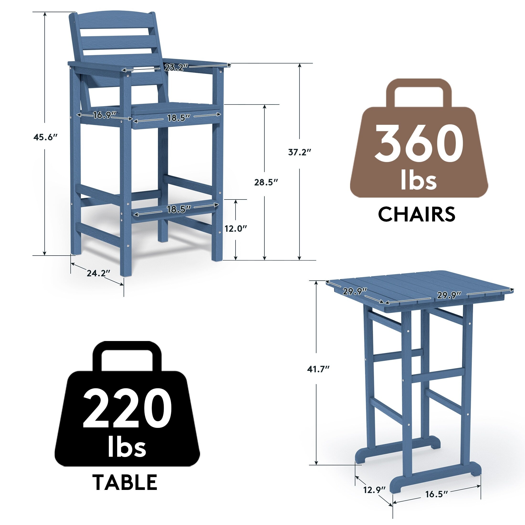 Ensemble de 3 chaises hautes Adirondack en plastique pour patio