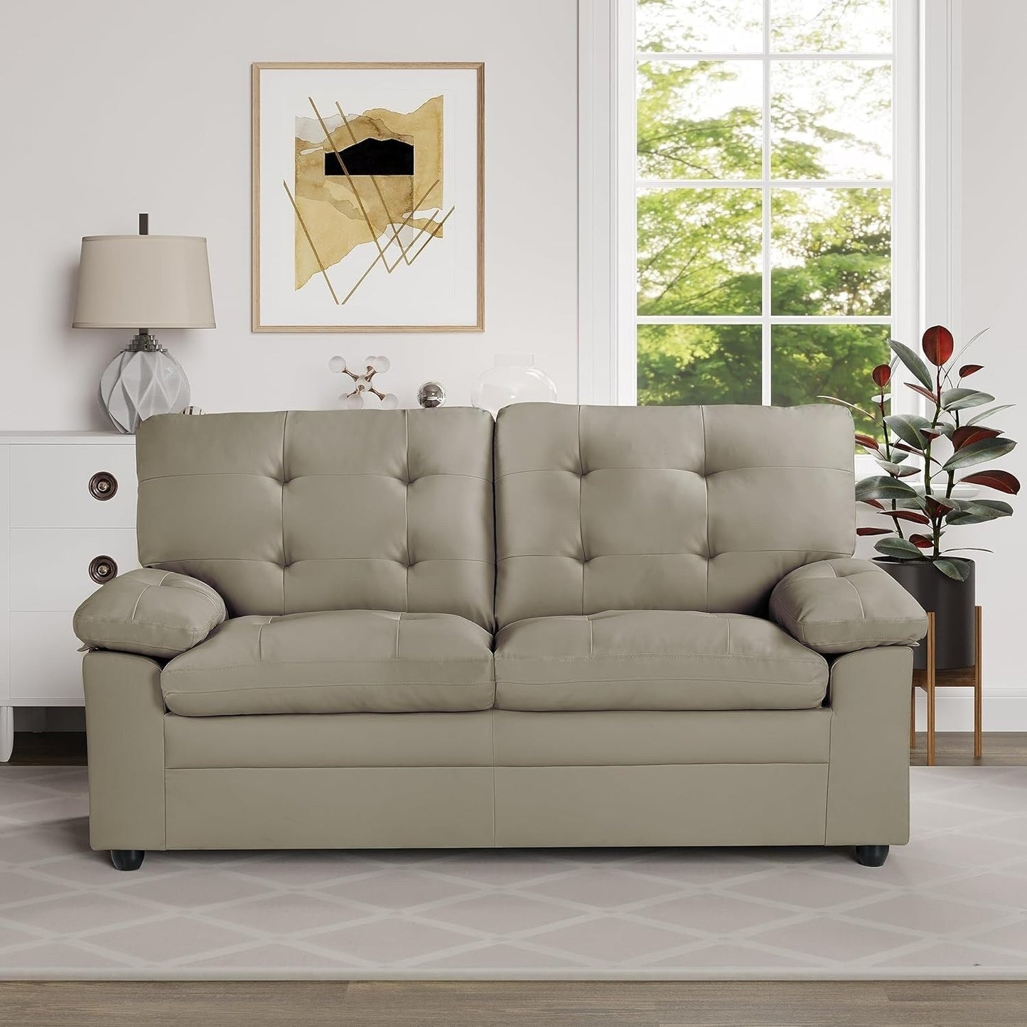 Causeuse rembourrée en peluche avec similicuir, dossier capitonné et accoudoirs rembourrés - Sièges confortables pour le salon ou la salle familiale.