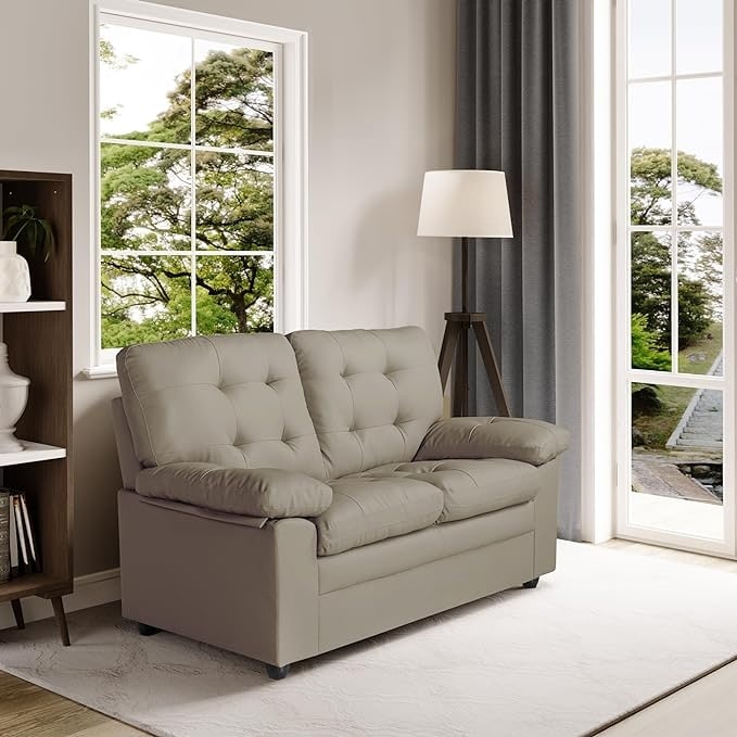 Causeuse rembourrée en peluche avec similicuir, dossier capitonné et accoudoirs rembourrés - Sièges confortables pour le salon ou la salle familiale.