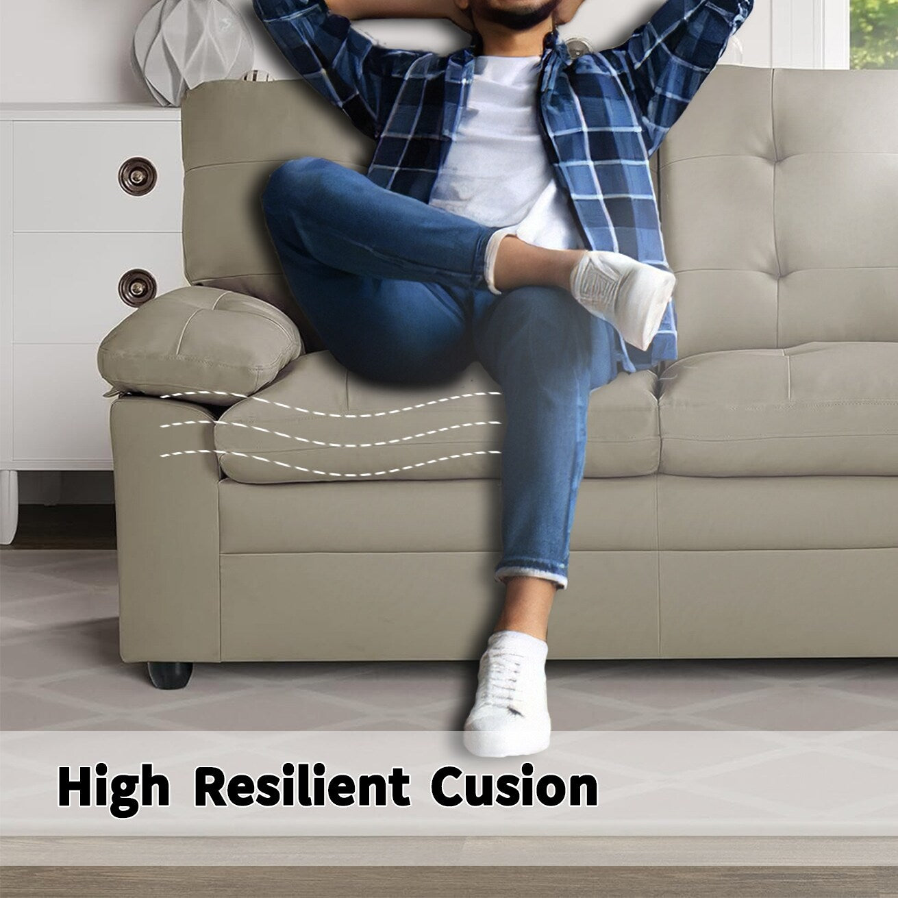 Causeuse rembourrée en peluche avec similicuir, dossier capitonné et accoudoirs rembourrés - Sièges confortables pour le salon ou la salle familiale.