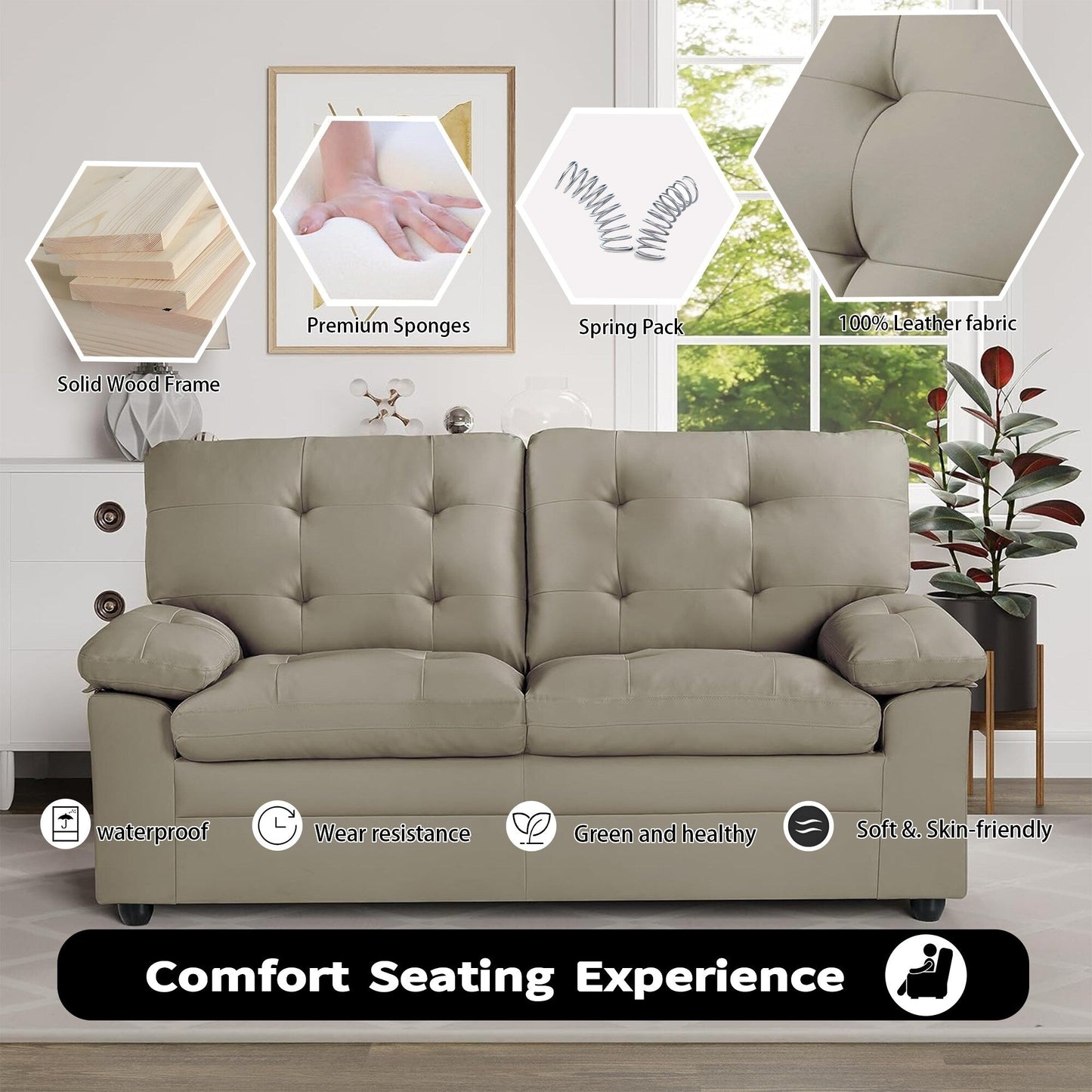Causeuse rembourrée en peluche avec similicuir, dossier capitonné et accoudoirs rembourrés - Sièges confortables pour le salon ou la salle familiale.