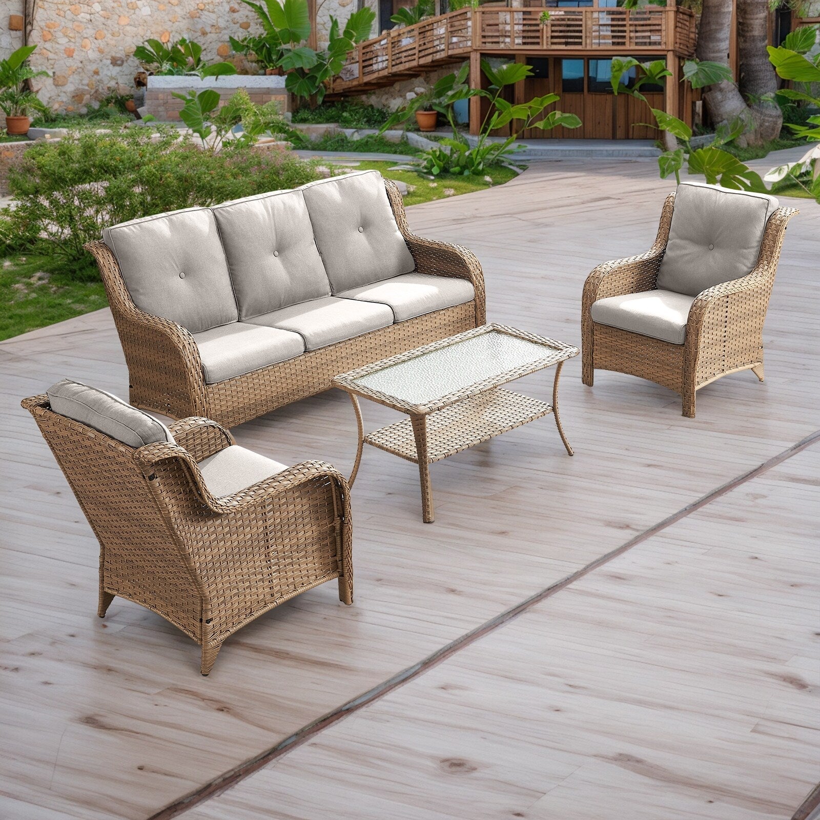 Pocassy Ensemble de 4 chaises de jardin avec canapé et table basse