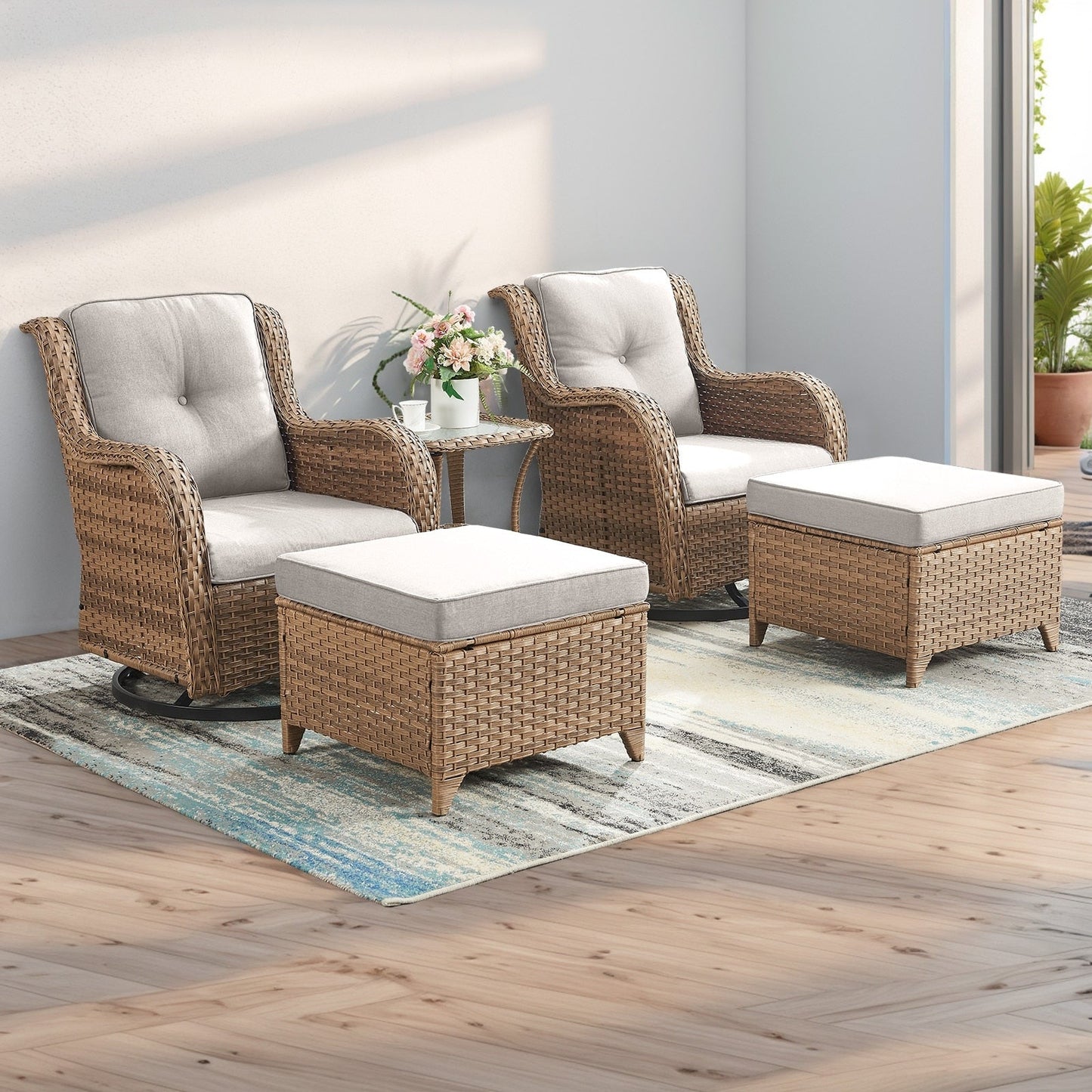 Ensemble de mobilier d'extérieur Pocassy 5 pièces, chaises pivotantes avec poufs