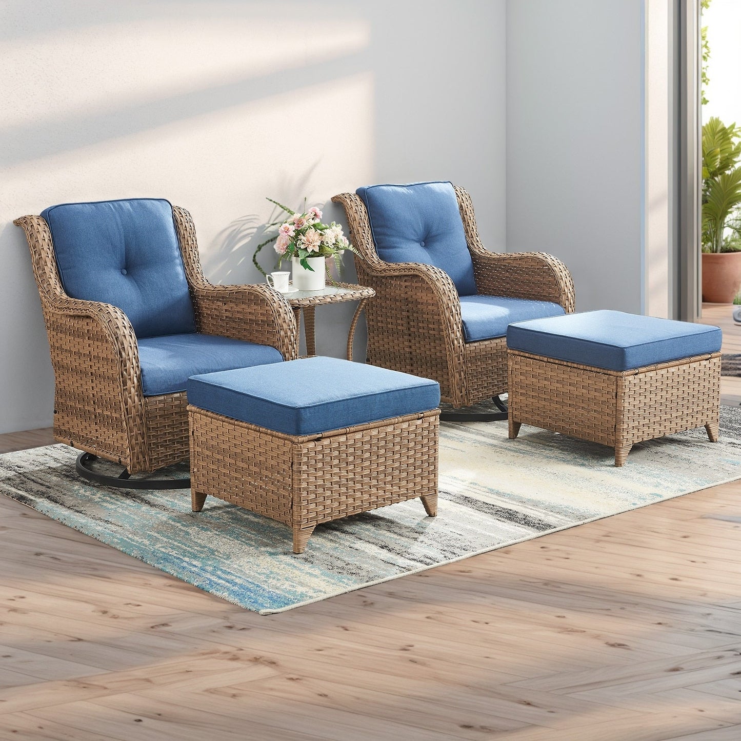 Ensemble de mobilier d'extérieur Pocassy 5 pièces, chaises pivotantes avec poufs