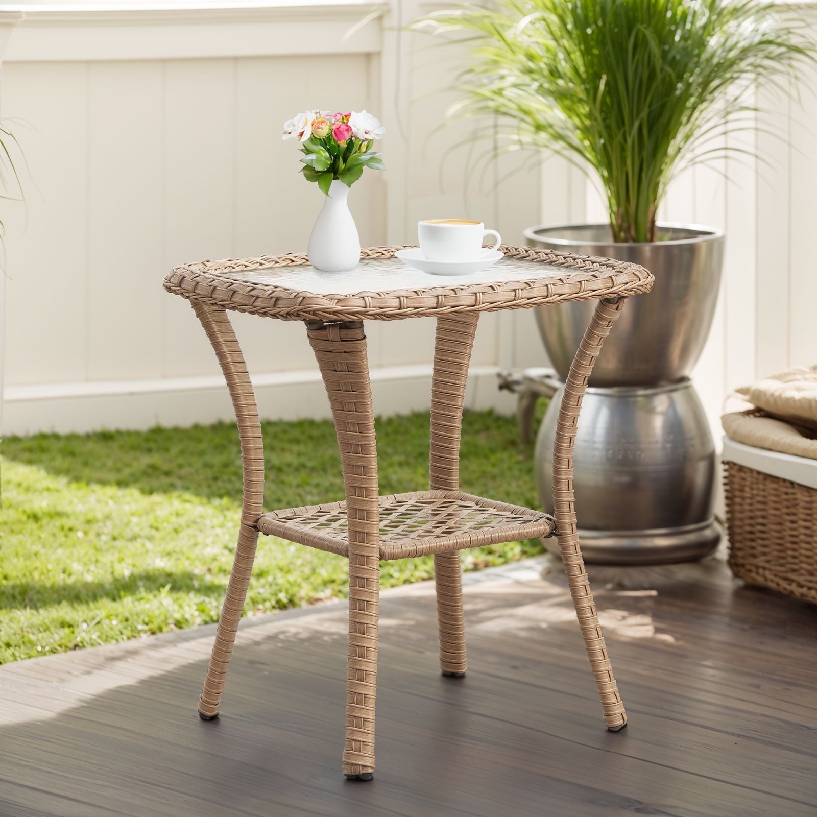 Pocassy Patio Wicker Coffee Table, Outdoor Rattan Side Table - 20X20
