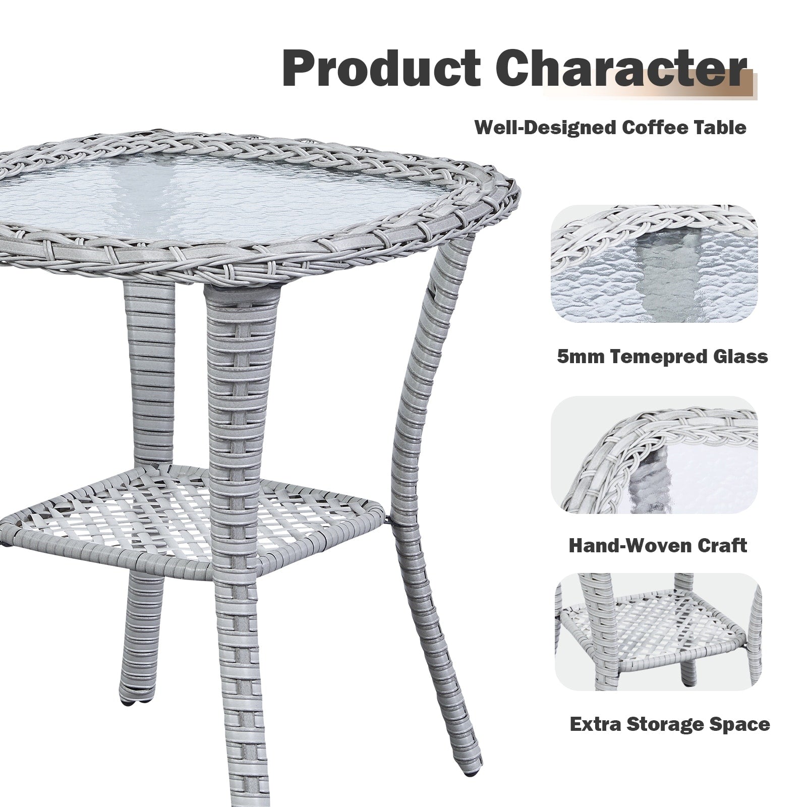 Pocassy Patio Wicker Coffee Table, Outdoor Rattan Side Table - 20X20