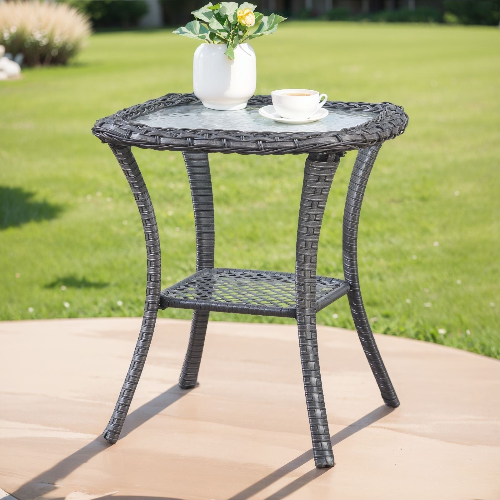 Pocassy Patio Wicker Coffee Table, Outdoor Rattan Side Table - 20X20
