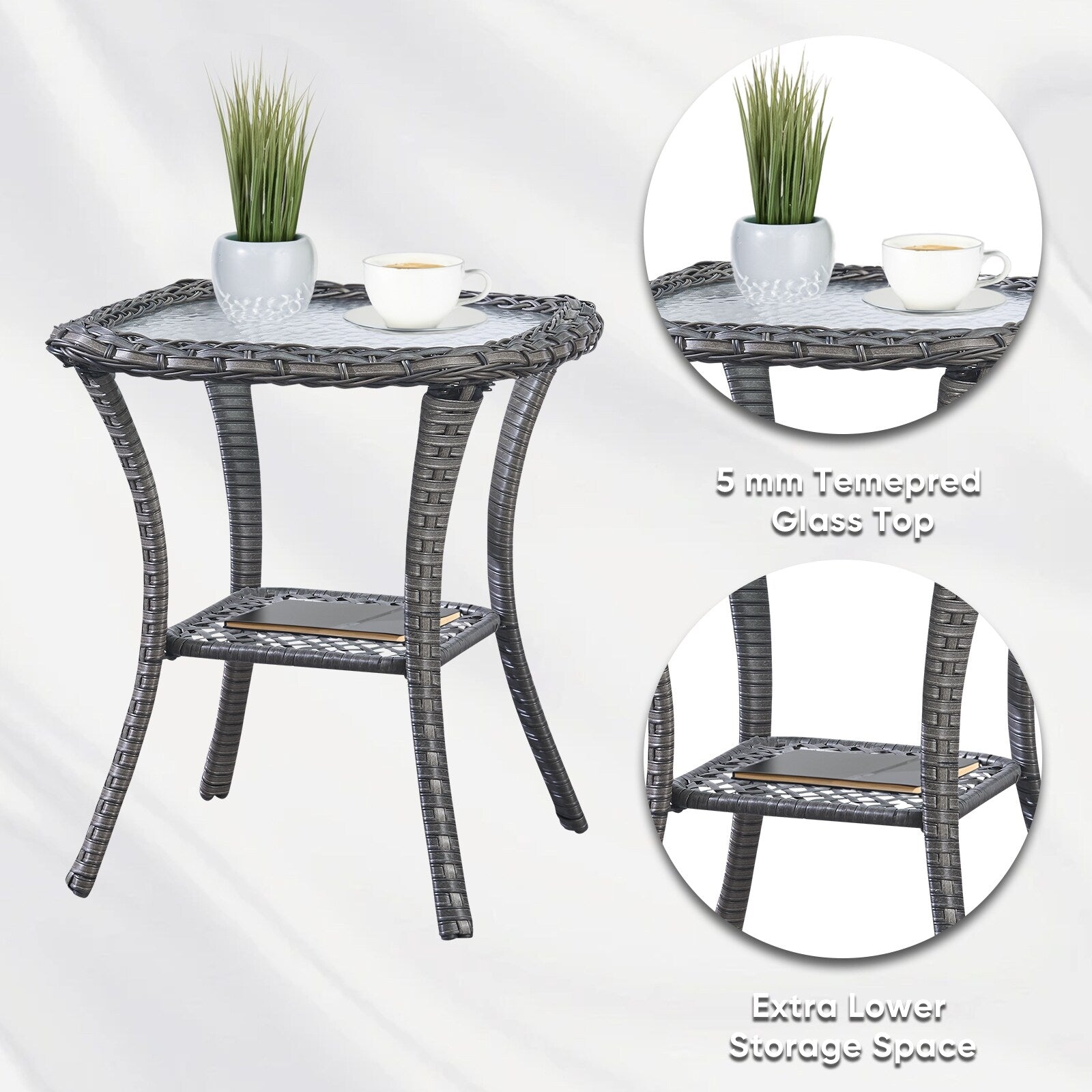 Pocassy Patio Wicker Coffee Table, Outdoor Rattan Side Table - 20X20