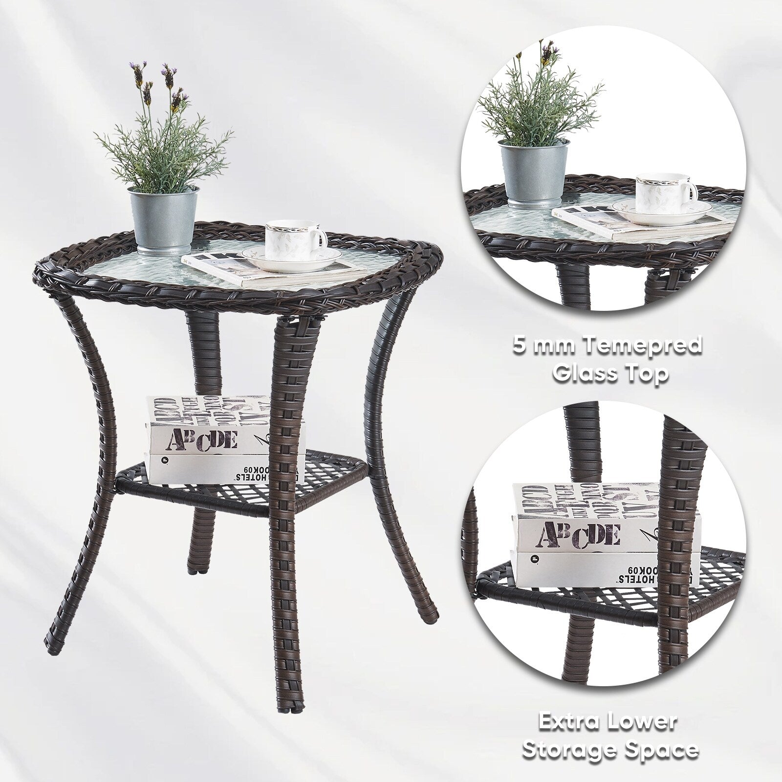 Pocassy Patio Wicker Coffee Table, Outdoor Rattan Side Table - 20X20