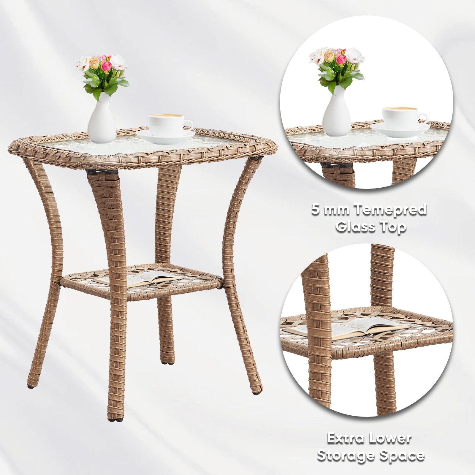 Pocassy Patio Wicker Coffee Table, Outdoor Rattan Side Table - 20X20
