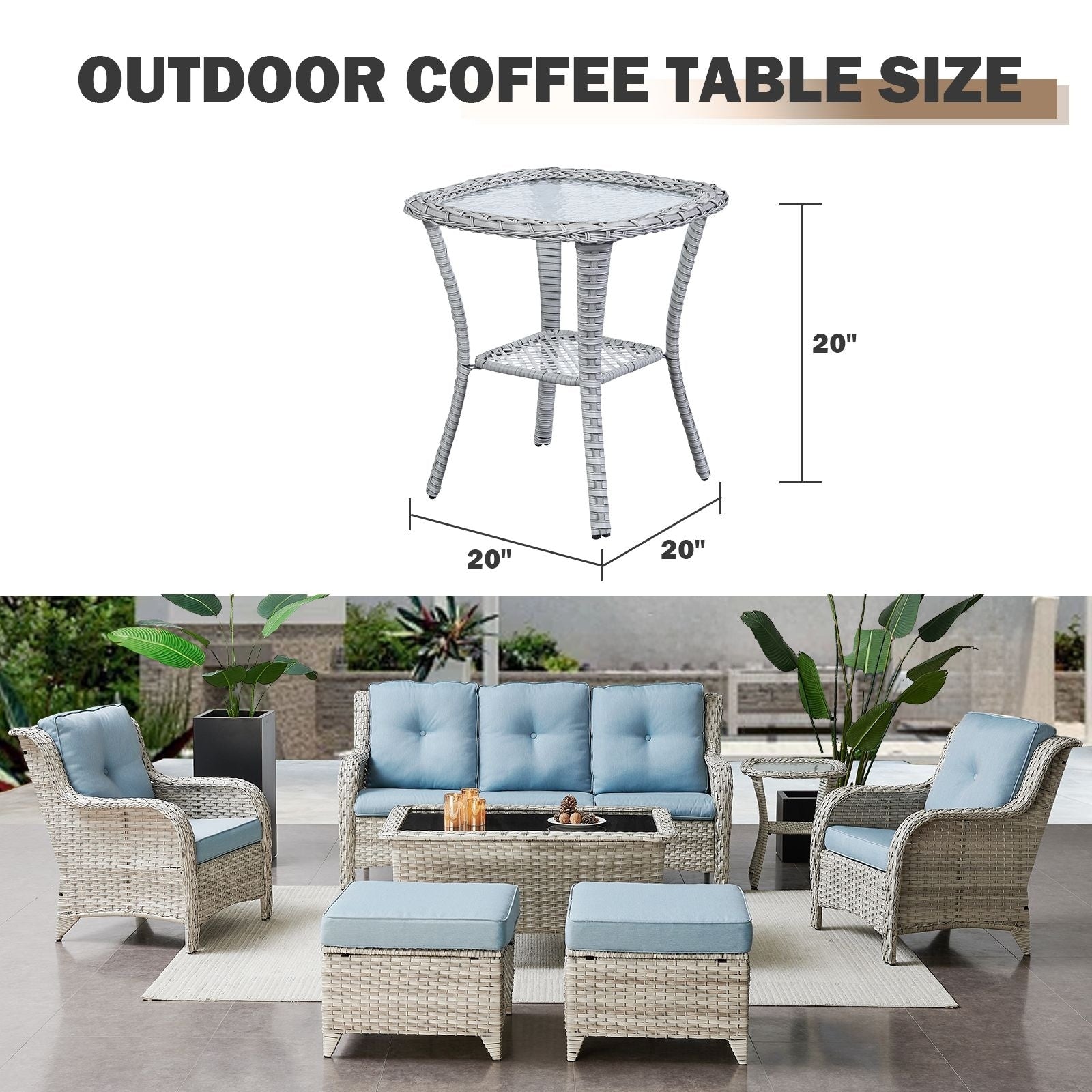 Pocassy Patio Wicker Coffee Table, Outdoor Rattan Side Table - 20X20