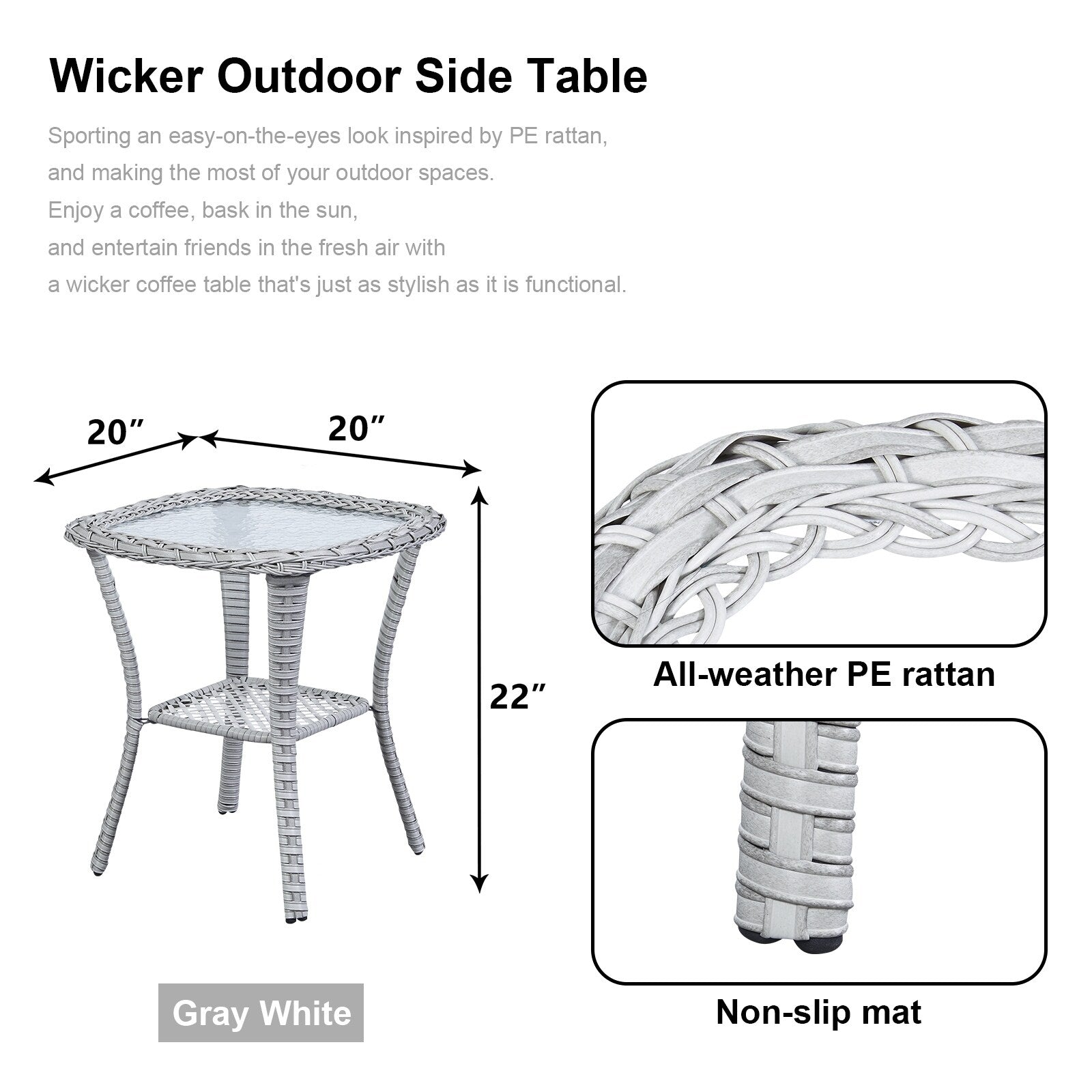 Pocassy Patio Wicker Coffee Table, Outdoor Rattan Side Table - 20X20