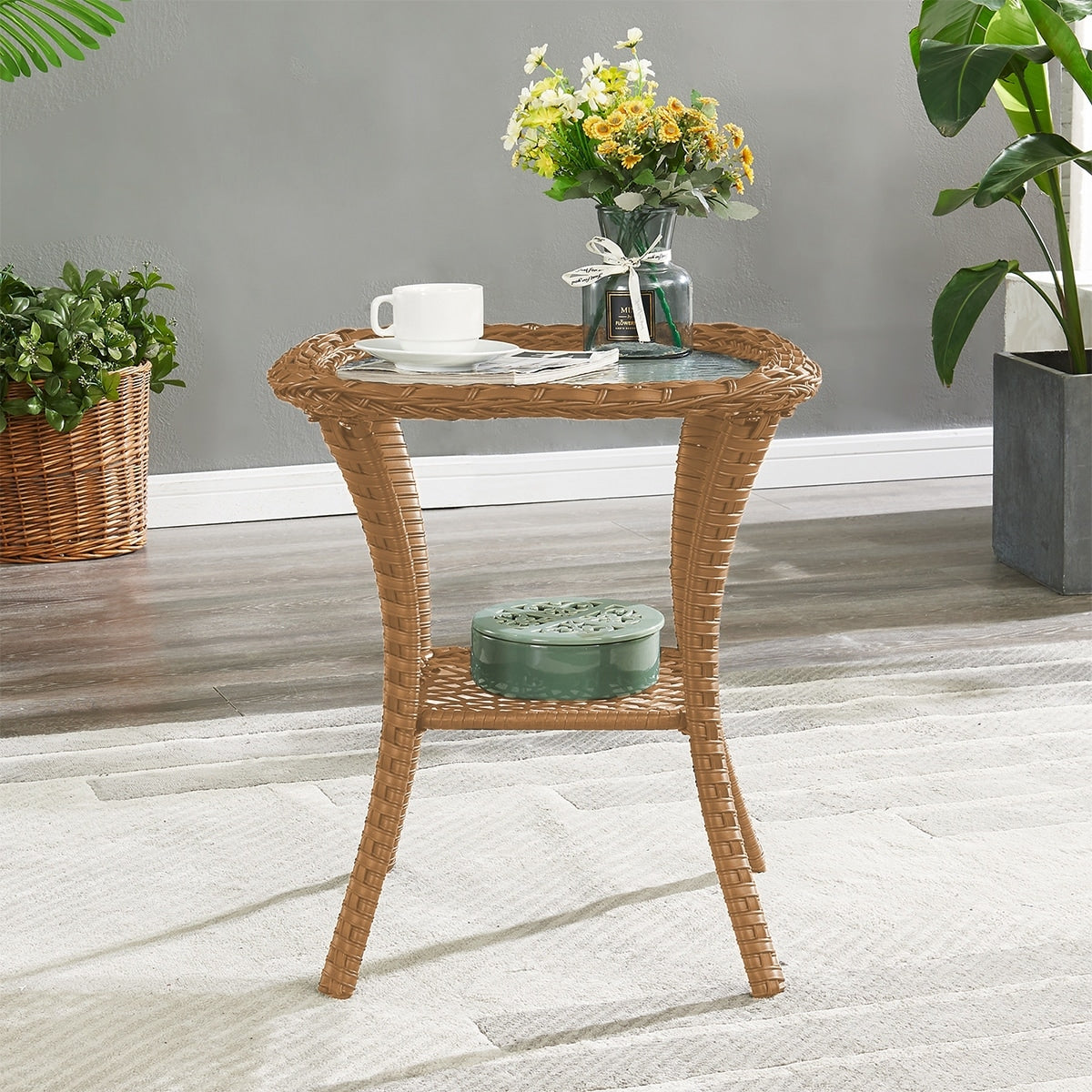 Pocassy Patio Wicker Coffee Table, Outdoor Rattan Side Table - 20X20