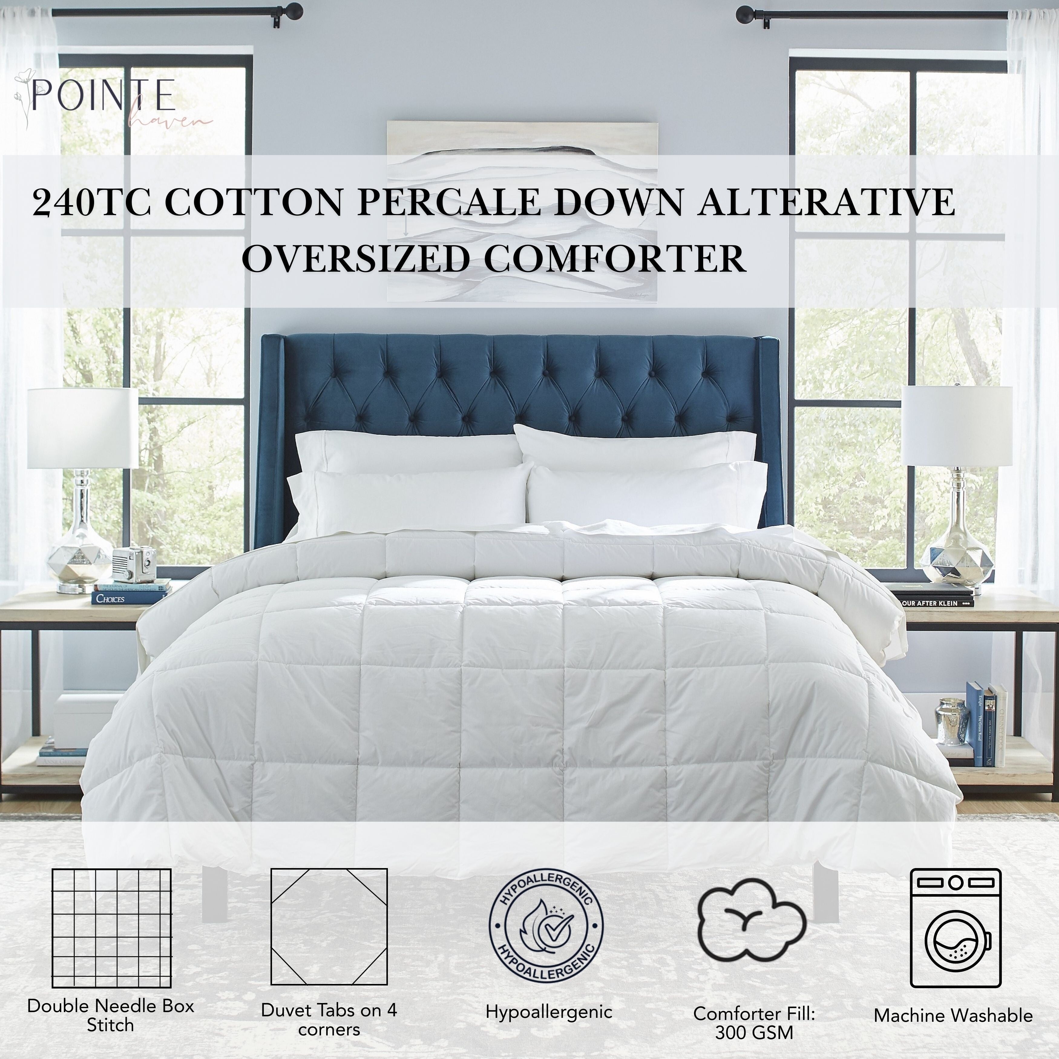 Couette Pointehaven de luxe en percale 100 % coton respirant, 240 fils au pouce carré, alternative au duvet