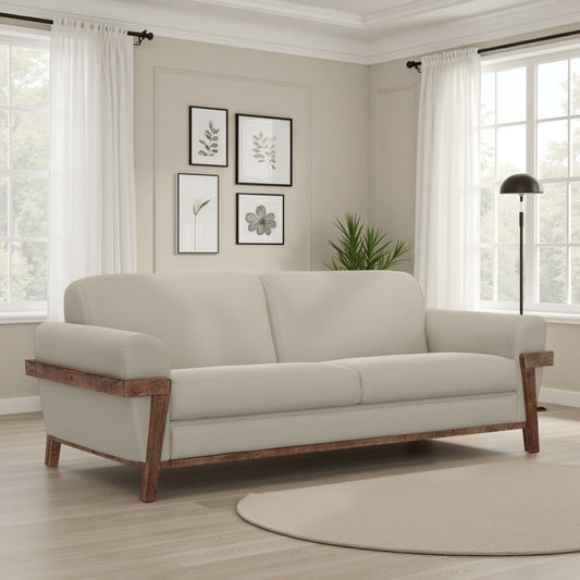 Canapé Pola, polyester gris amande, coussins en mousse, pin massif, 240 cm