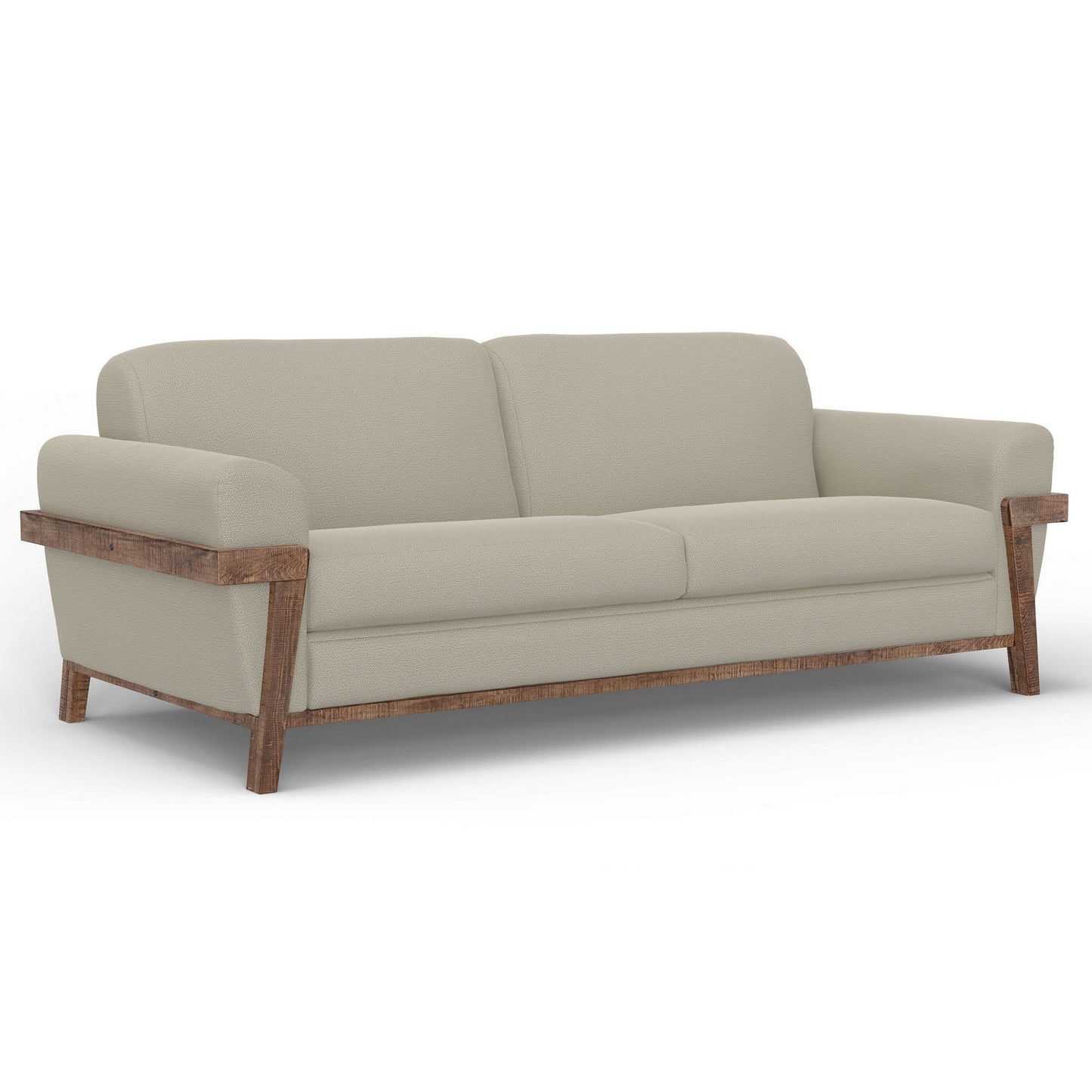 Canapé Pola, polyester gris amande, coussins en mousse, pin massif, 240 cm