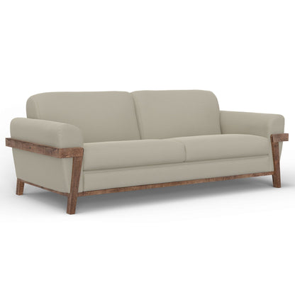 Canapé Pola, polyester gris amande, coussins en mousse, pin massif, 240 cm