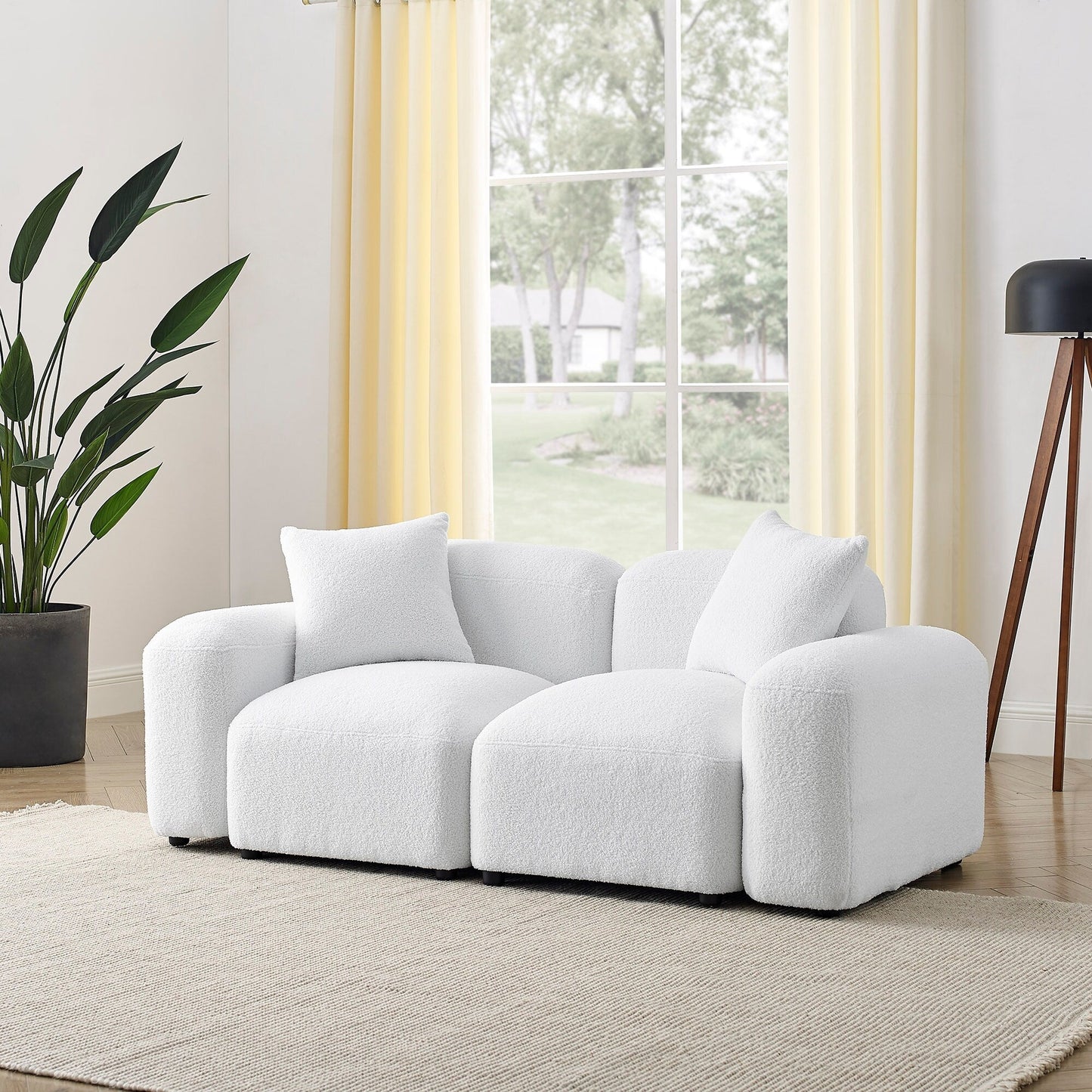 Canapé modulable en polyester avec cadre en bois massif et pieds en plastique noir pour salon