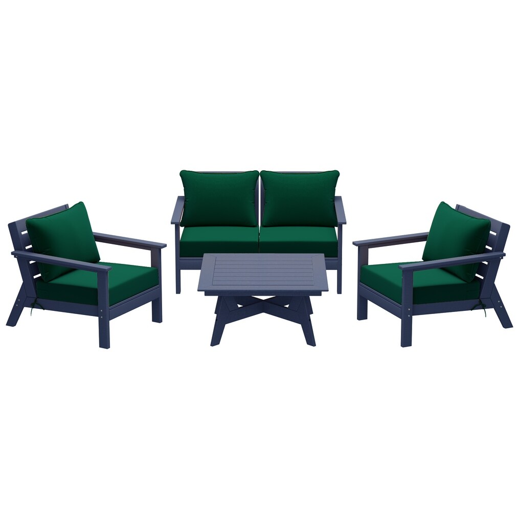 Ensemble de salon de jardin Polytrends Birchwood en PEHD toutes saisons, bleu marine, avec sièges profonds (5 pièces)