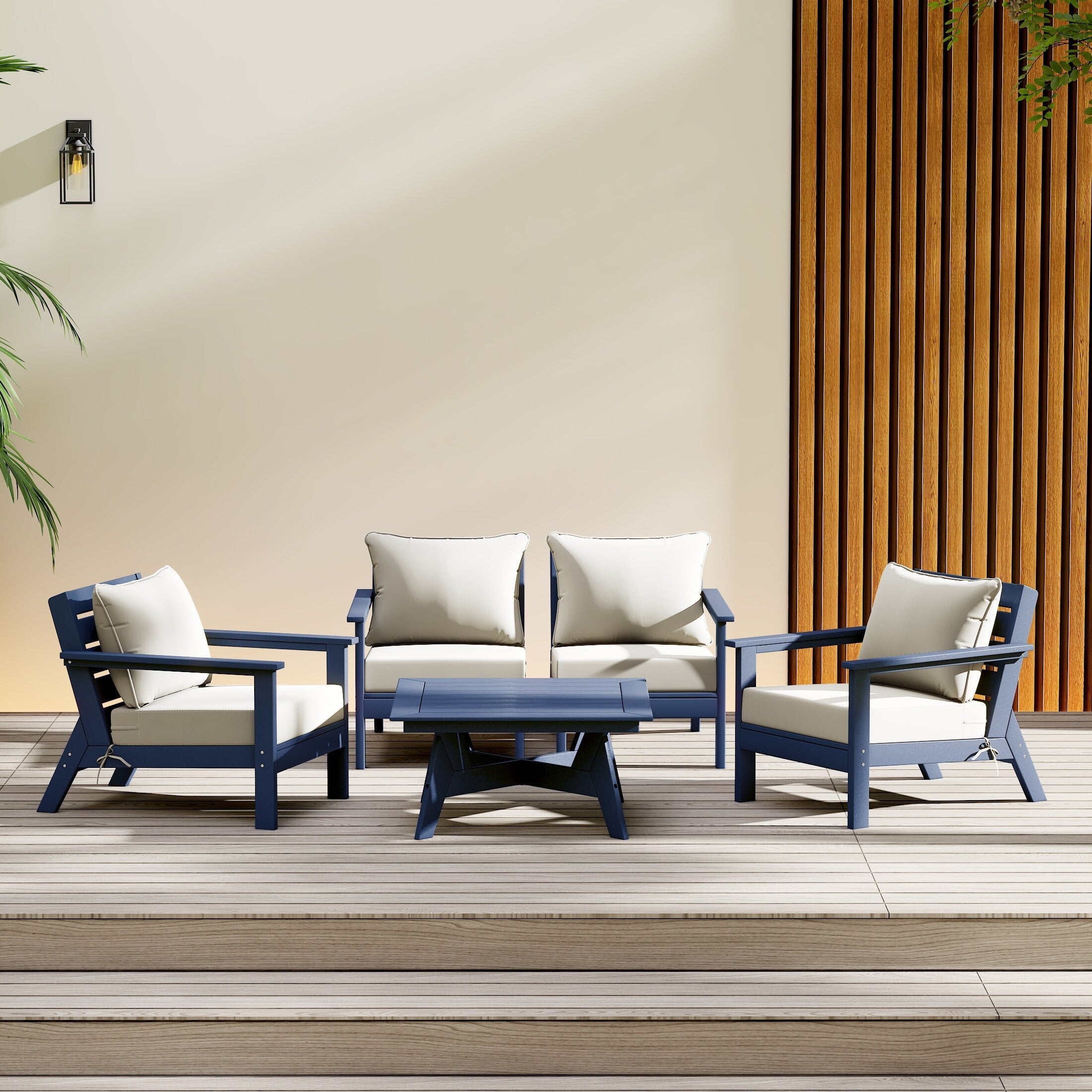 Ensemble de salon de jardin Polytrends Birchwood en PEHD toutes saisons, bleu marine, avec sièges profonds (5 pièces)