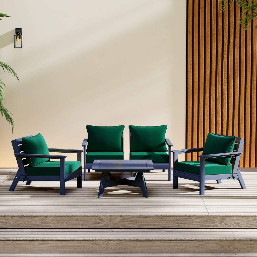 Ensemble de salon de jardin Polytrends Birchwood en PEHD toutes saisons, bleu marine, avec sièges profonds (5 pièces)