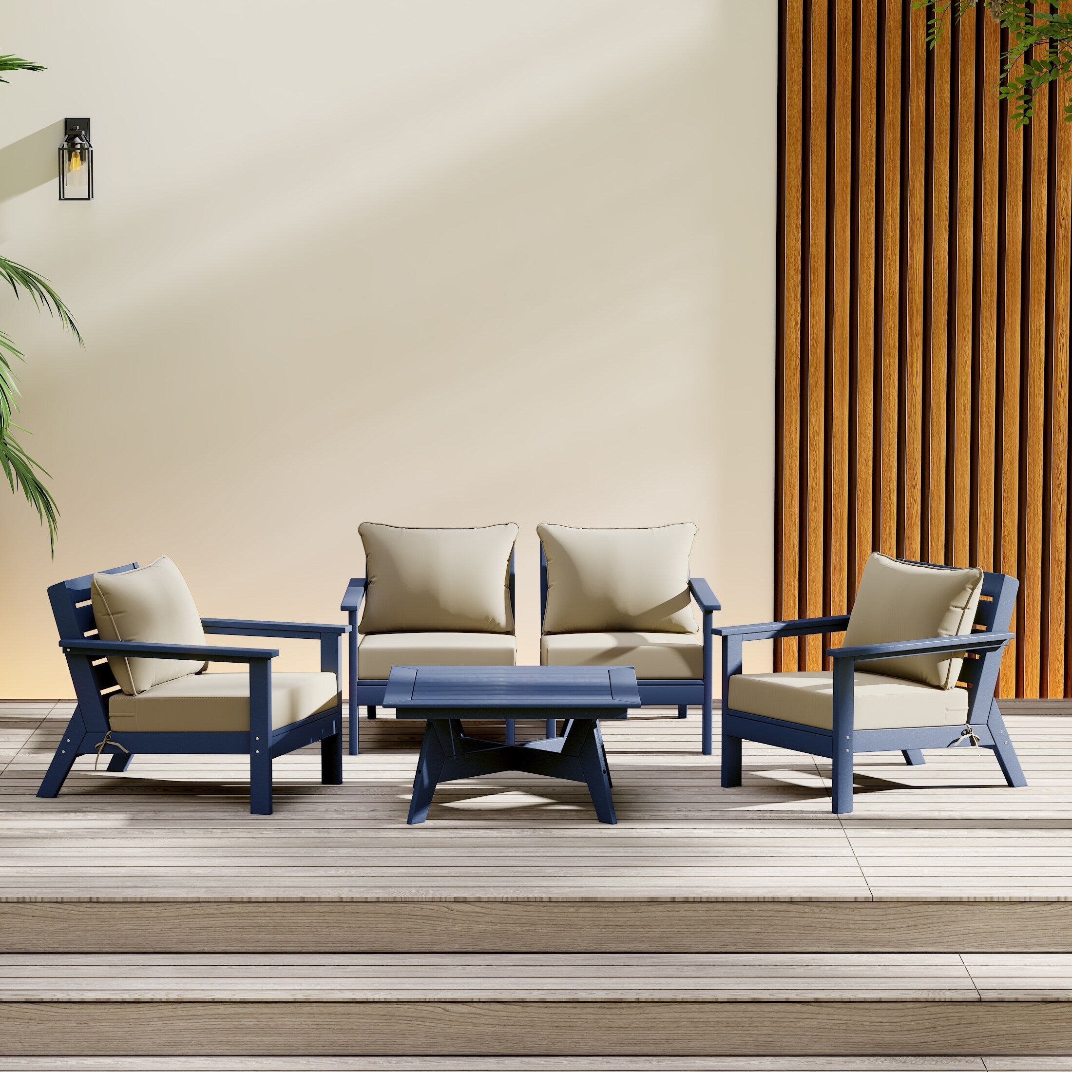 Ensemble de salon de jardin Polytrends Birchwood en PEHD toutes saisons, bleu marine, avec sièges profonds (5 pièces)