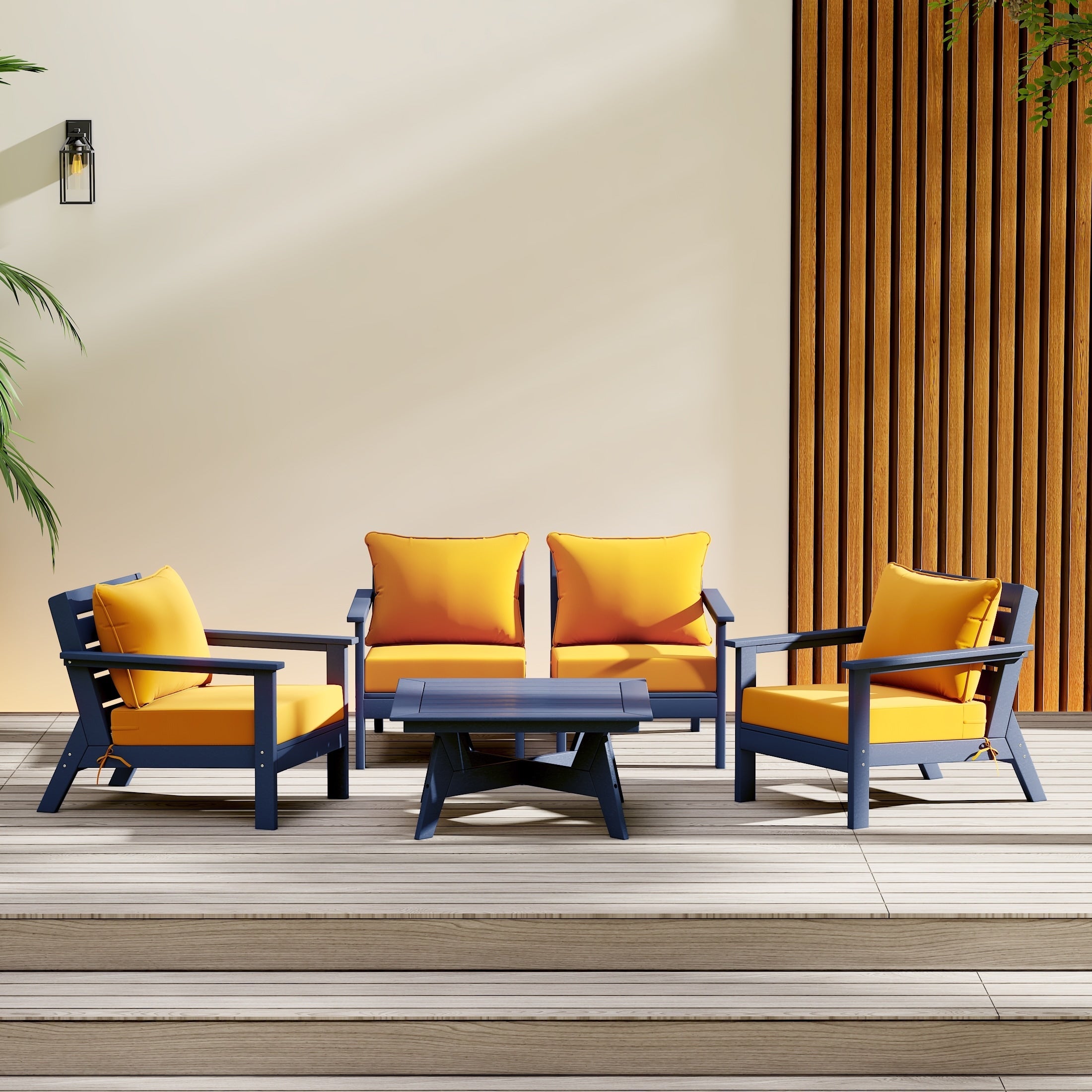 Ensemble de salon de jardin Polytrends Birchwood en PEHD toutes saisons, bleu marine, avec sièges profonds (5 pièces)