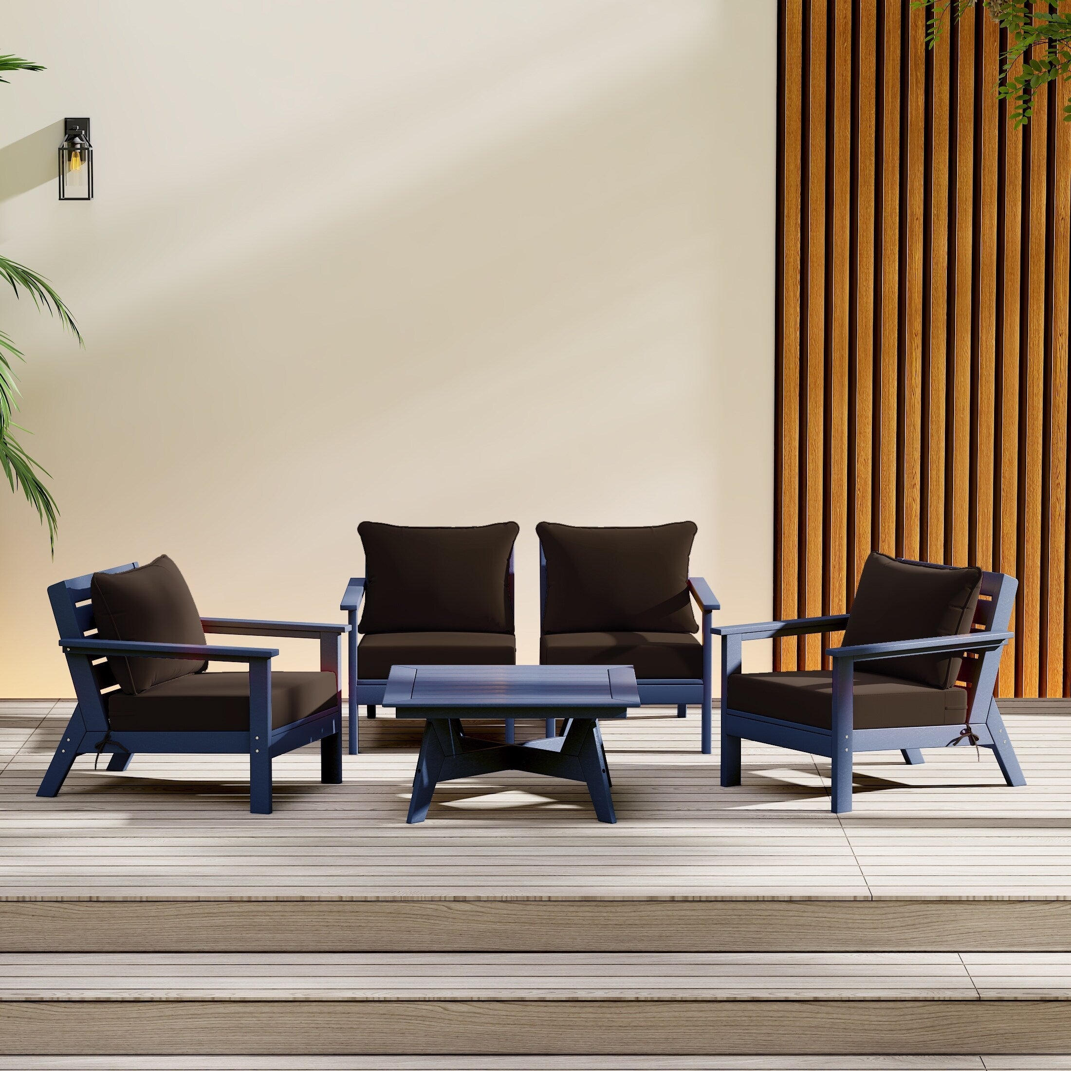 Ensemble de salon de jardin Polytrends Birchwood en PEHD toutes saisons, bleu marine, avec sièges profonds (5 pièces)