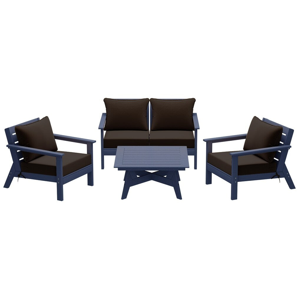 Ensemble de salon de jardin Polytrends Birchwood en PEHD toutes saisons, bleu marine, avec sièges profonds (5 pièces)