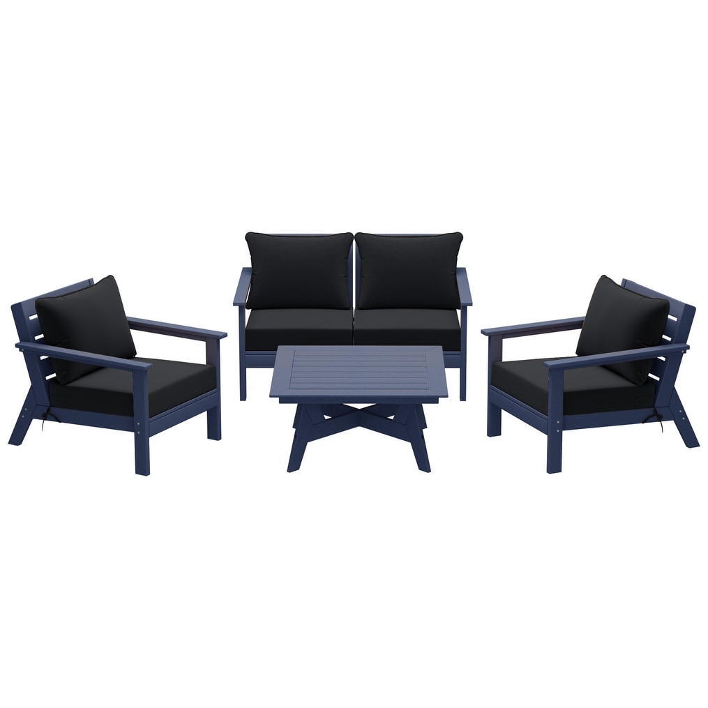 Ensemble de salon de jardin Polytrends Birchwood en PEHD toutes saisons, bleu marine, avec sièges profonds (5 pièces)