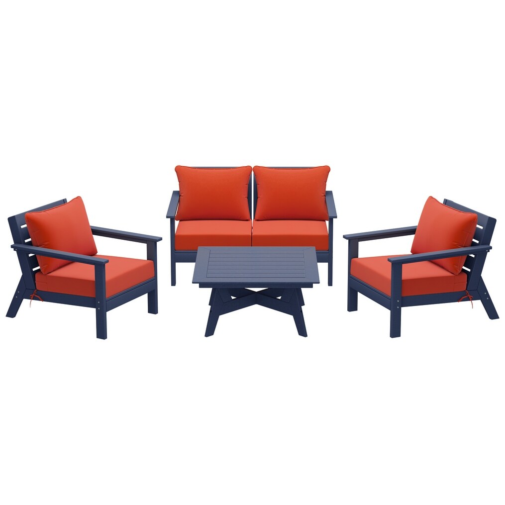 Ensemble de salon de jardin Polytrends Birchwood en PEHD toutes saisons, bleu marine, avec sièges profonds (5 pièces)