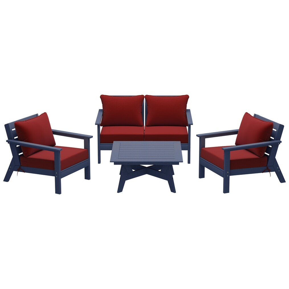 Ensemble de salon de jardin Polytrends Birchwood en PEHD toutes saisons, bleu marine, avec sièges profonds (5 pièces)