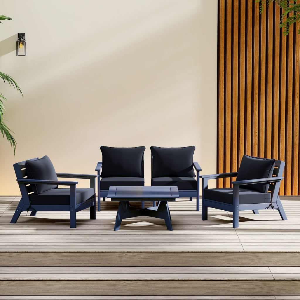 Ensemble de salon de jardin Polytrends Birchwood en PEHD toutes saisons, bleu marine, avec sièges profonds (5 pièces)