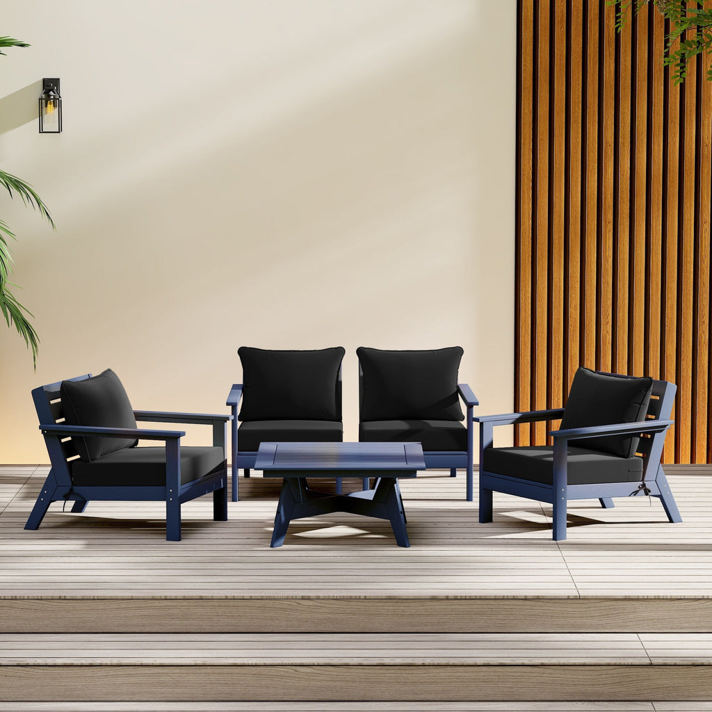 Ensemble de salon de jardin Polytrends Birchwood en PEHD toutes saisons, bleu marine, avec sièges profonds (5 pièces)