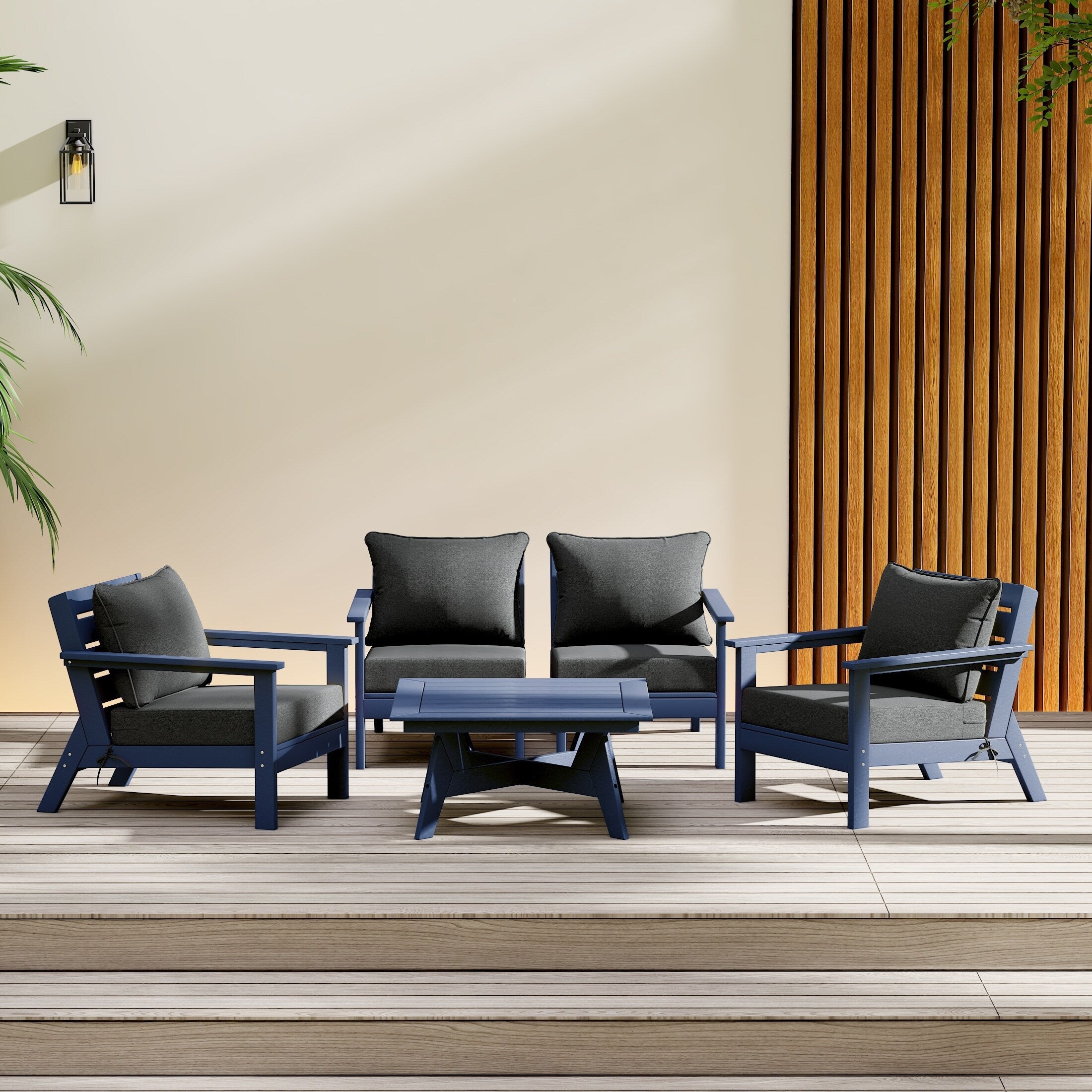 Ensemble de salon de jardin Polytrends Birchwood en PEHD toutes saisons, bleu marine, avec sièges profonds (5 pièces)
