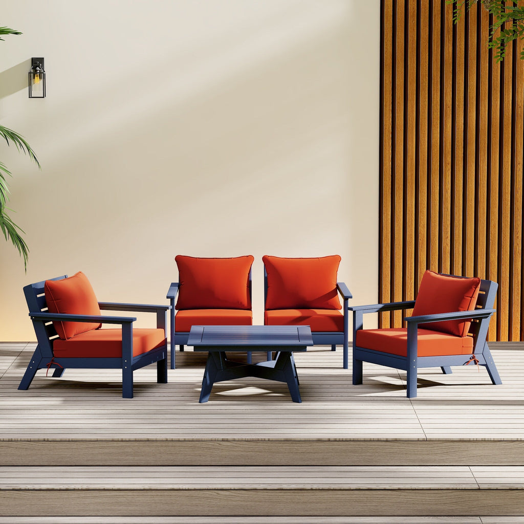 Ensemble de salon de jardin Polytrends Birchwood en PEHD toutes saisons, bleu marine, avec sièges profonds (5 pièces)