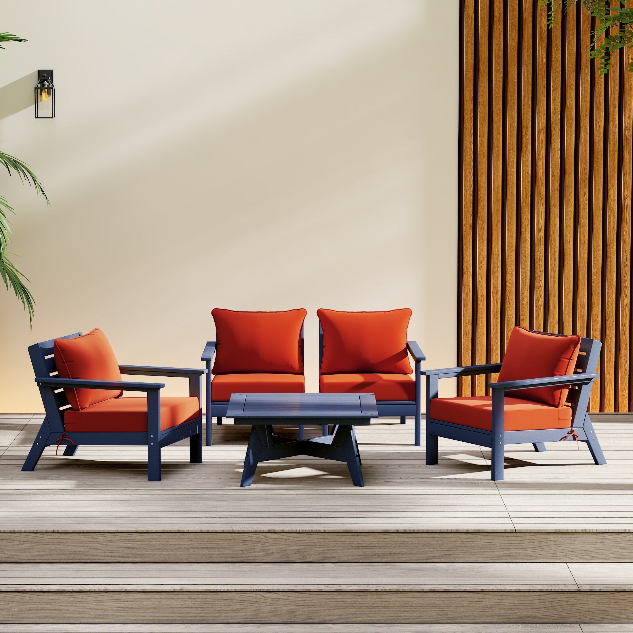 Ensemble de salon de jardin Polytrends Birchwood en PEHD toutes saisons, bleu marine, avec sièges profonds (5 pièces)