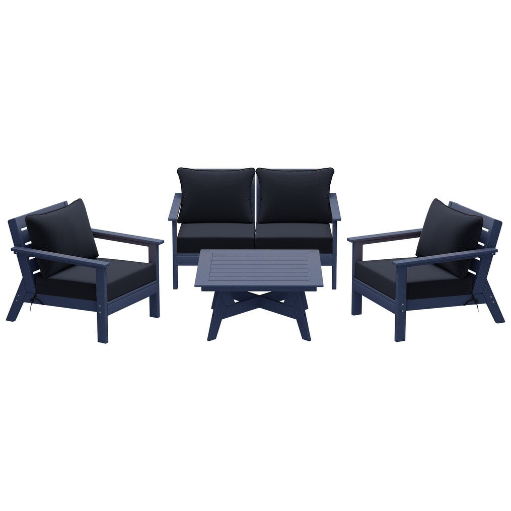 Ensemble de salon de jardin Polytrends Birchwood en PEHD toutes saisons, bleu marine, avec sièges profonds (5 pièces)