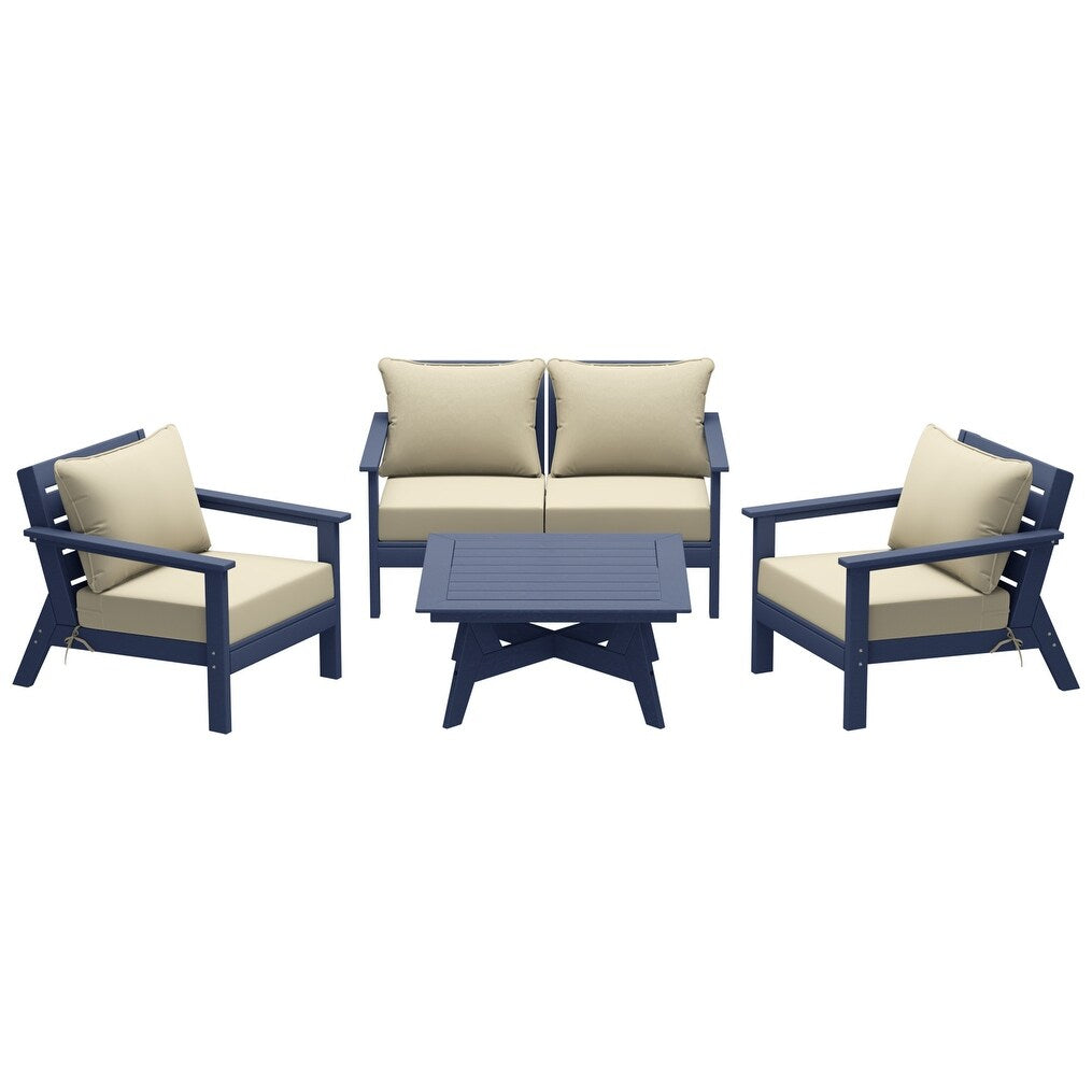 Ensemble de salon de jardin Polytrends Birchwood en PEHD toutes saisons, bleu marine, avec sièges profonds (5 pièces)