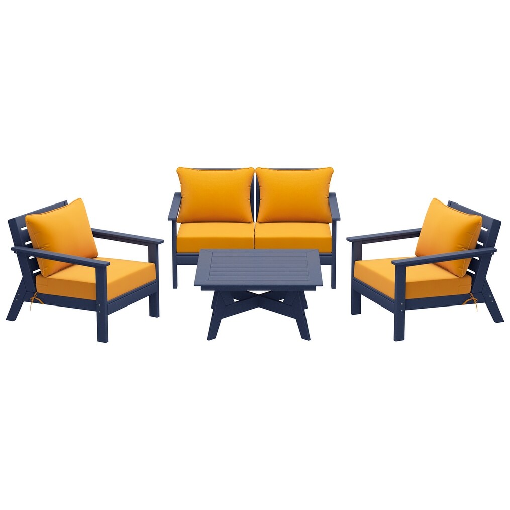 Ensemble de salon de jardin Polytrends Birchwood en PEHD toutes saisons, bleu marine, avec sièges profonds (5 pièces)