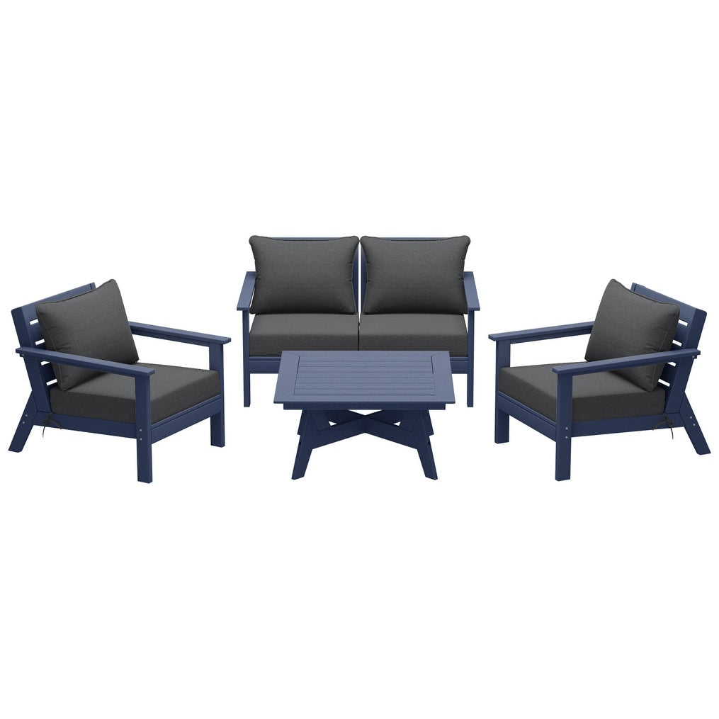 Ensemble de salon de jardin Polytrends Birchwood en PEHD toutes saisons, bleu marine, avec sièges profonds (5 pièces)