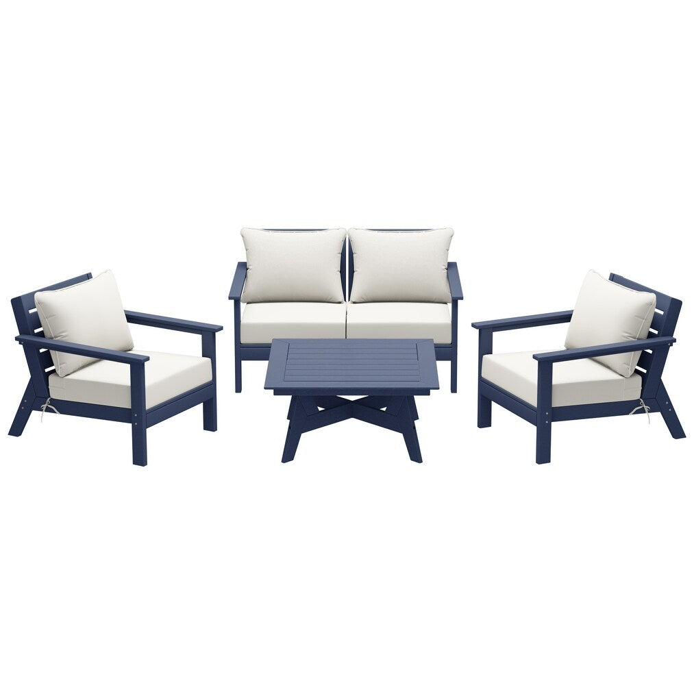 Ensemble de salon de jardin Polytrends Birchwood en PEHD toutes saisons, bleu marine, avec sièges profonds (5 pièces)