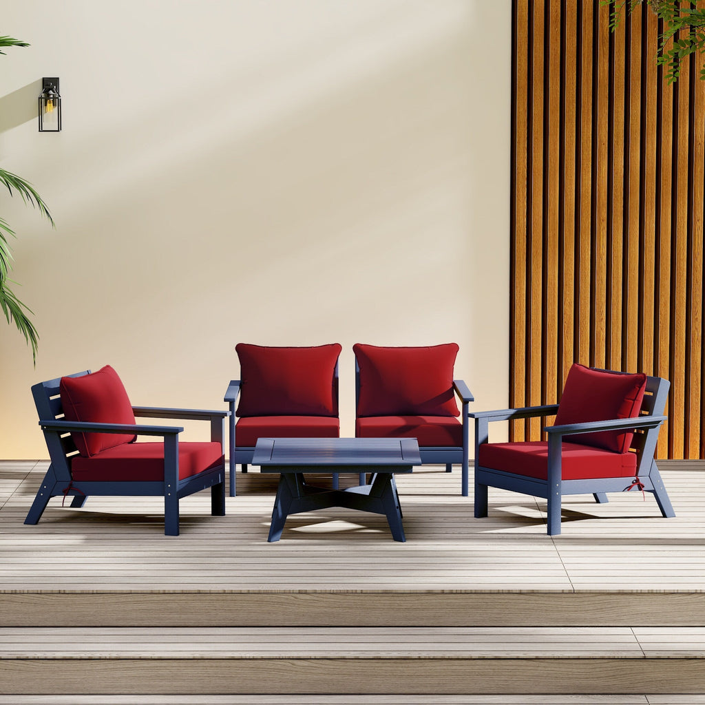 Ensemble de salon de jardin Polytrends Birchwood en PEHD toutes saisons, bleu marine, avec sièges profonds (5 pièces)